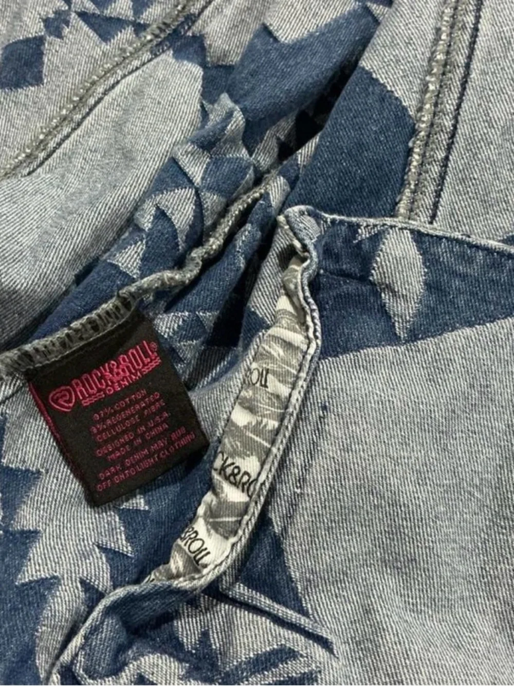 Rock & Roll Denim Aztec Western Fringe Denim Jacket Sz Large Festival Country - Picture 4 of 7